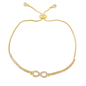 Detail of adjustable gold infinity bracelet with white cubic zirconia and box chain