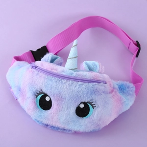 Detail of pink unicorn plush waist bag showing soft texture and adjustable pink strap
