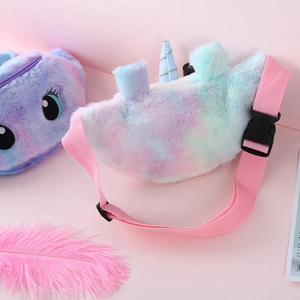 Rear view of unicorn plush waist bag showing adjustable pink strap and secure plastic buckle