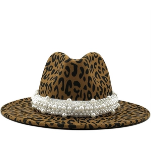 Classic leopard print wide brim wool fedora hat with elegant white pearl band decoration