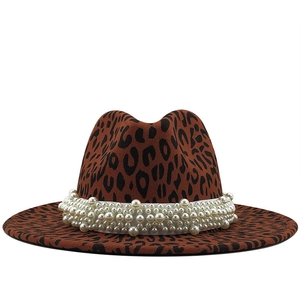 Leopard Print Fedora Hat With Faux Artificial Pearl Band Wide Brim Woolen Jazz Cap Fashion Elegant Women Accessories