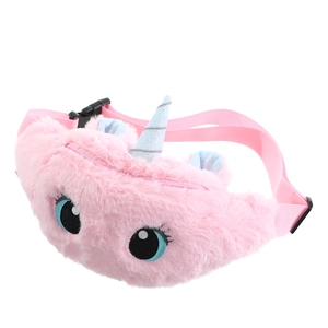 Detail of pink plush unicorn fanny pack showing soft faux fur and adjustable strap buckle