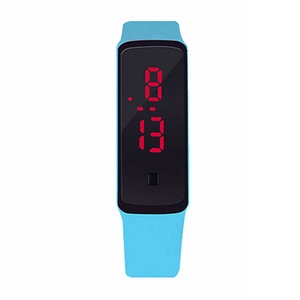 Montre de sport LED bleu clair avec écran tactile noir et bracelet en silicone