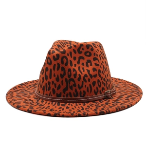 Classic leopard print wool fedora hat with flat brim and brown faux leather buckle belt