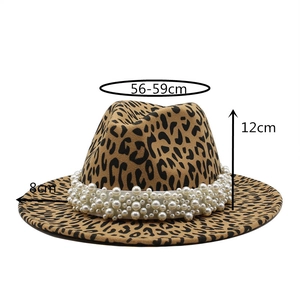 Chapeau fedora en laine imprimé léopard avec bande perlée et bord large de 8 cm