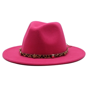 Macro detail of fuchsia fedora hat with leopard print band and gold star charms