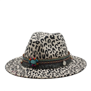 Classic leopard print wool fedora hat with ethnic beaded band and turquoise stone detail