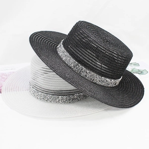 Women Boater Hat Flat Top Straw Sun Hat Rhinestone Band M Logo Wide Brim Summer Beach Elegant Breathable