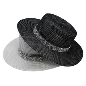 Chic wide brim straw boater hat with silver sequin band in black and grey tones
