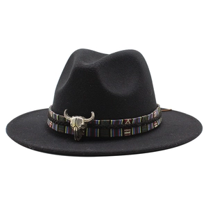 Wide Brim Fedora Hat Wool Felt With Ethnic Woven Band And Metal Bull Skull Western Cowboy Bohemian Style For Women Men