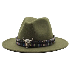 Detail of wool fedora hat featuring ethnic patterned band and silver bull skull ornament