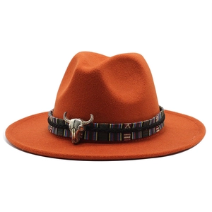 Terracotta wool fedora with ethnic band and silver buffalo skull ornament