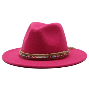 Hot pink wide brim fedora hat with ethnic style beads and braided rope ribbon trim