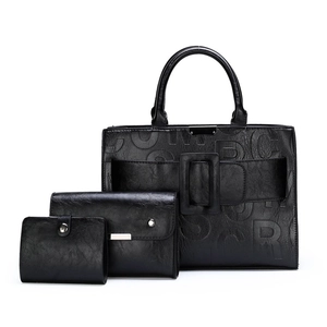 Black 3-piece set of embossed letter handbags with a large tote and matching wallets