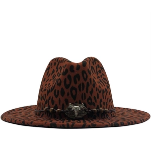 Vintage leopard print wool felt jazz hat with bull skull metal decor and wide brim