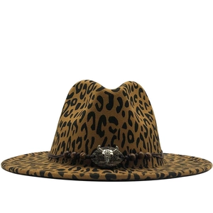 Wide Brim Fedora Hat Leopard Print Wool Felt Western Jazz Cap With Bull Skull Metal Ornament And Wood Beads For Unisex