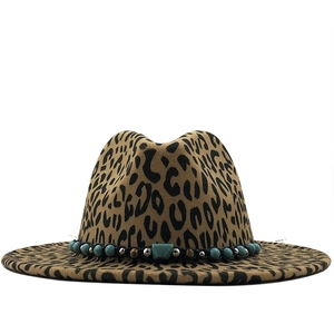 Chapeau Fedora en laine imprimé léopard avec bande perlée turquoise et bord large