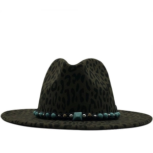 Chapeau Fedora en laine léopard à large bord avec ruban décoratif en turquoise et métal