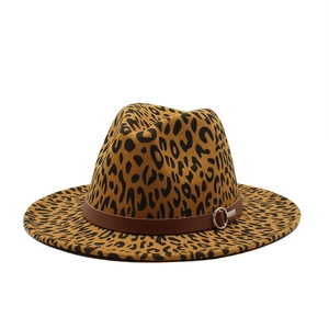 Leopard print wool fedora with brown leather band and silver buckle detail view