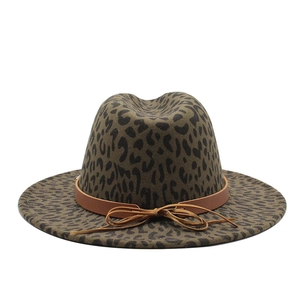 Elegant leopard print wool fedora hat with brown leather bow band for men and women