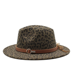 Elegant dark green leopard print wool felt fedora hat with brown leather belt trim