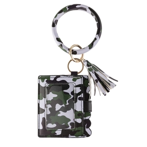 Detail of camo print PU leather keychain wallet with O-ring handle and tassel charm