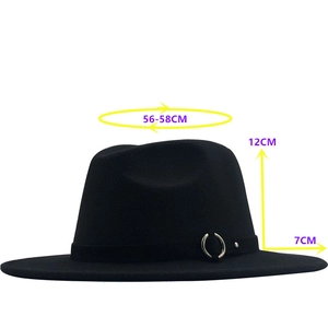 Flat brim wool jazz hat dimensions showing 7cm brim, 12cm height, and 56-58cm head circumference