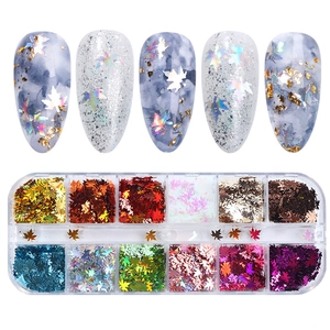 Detail view of 12-slot box with maple leaf nail sequins and aurora holographic glitters