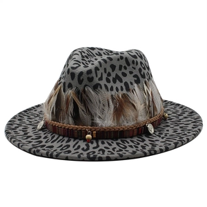 Classic gray leopard print wool jazz fedora hat with ethnic feather and coin band