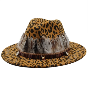 British style leopard print wool fedora hat with bohemian feathers and ethnic band