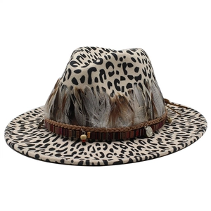 Leopard print felt fedora hat with feather trim and bohemian beaded woven band