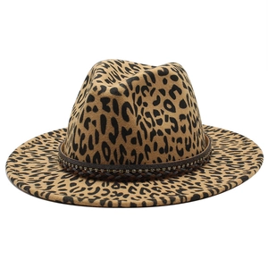 Cappello fedora in lana stampa leopardata con cinturino decorativo e perline