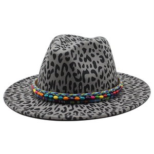 Grey leopard print fedora hat with a colorful bohemian beaded band in a front view