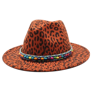 Classic leopard print jazz fedora hat with colorful woven band and beads for stylish look