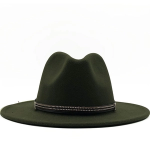 Classic dark green wool fedora hat with wide flat brim and metallic studded band detail