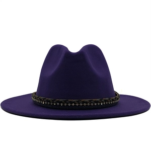 Detail of dark purple wool fedora hat featuring double-layer rhinestone and braided band