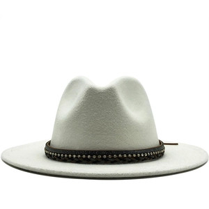 Elegant white wide brim wool fedora hat for women with rhinestone and leather band