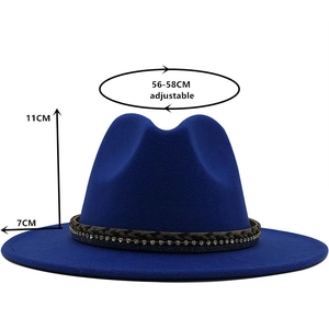 Royal blue wool fedora hat with rhinestone band, size 56-58cm for elegant women