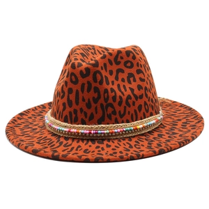 Women's leopard print wool fedora hat with rainbow beaded band and rhinestone details