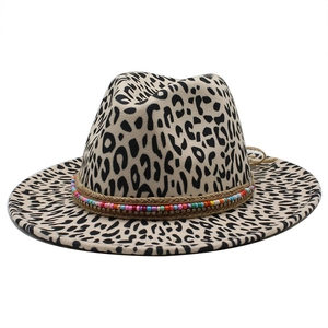 Leopard print wool fedora hat with multi-layered beaded band and rhinestone details