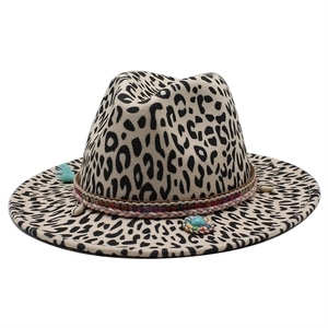 Leopard print wool fedora hat with bohemian braided band and turquoise feather detail
