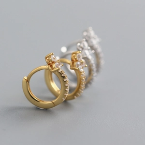 Luxury S925 sterling silver floral hoop earrings with sparkling cubic zirconia in gold and silver