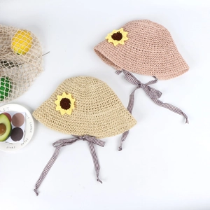 Kids woven straw sun hat with sunflower accent and brown checkered chin straps