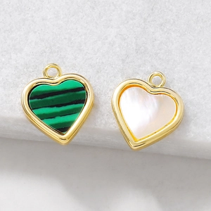 Golden heart pendants with green marble and white shell texture for DIY jewelry