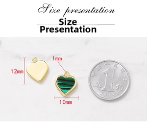 Size comparison of heart pendants in 18K gold finish and malachite stone texture