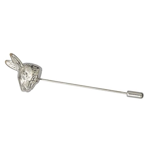 Silver rabbit head lapel pin with long needle and detailed metal embossing for suits