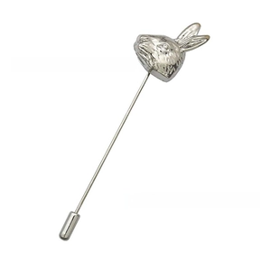 Detailed view of a silver rabbit long pin brooch with a secure metal stopper cap