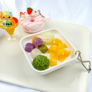 Cute PVC dessert keychain set with realistic mango taro ball and strawberry donut