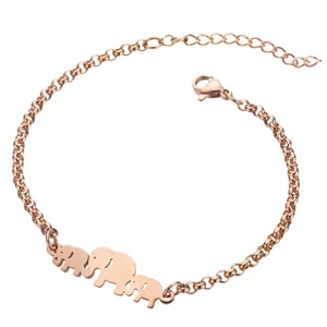 Close-up of rose gold elephant family charm bracelet with adjustable lobster clasp chain
