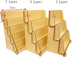 Detailed dimension guide for 3, 4, and 5-tier wooden tiered display shelf stands
